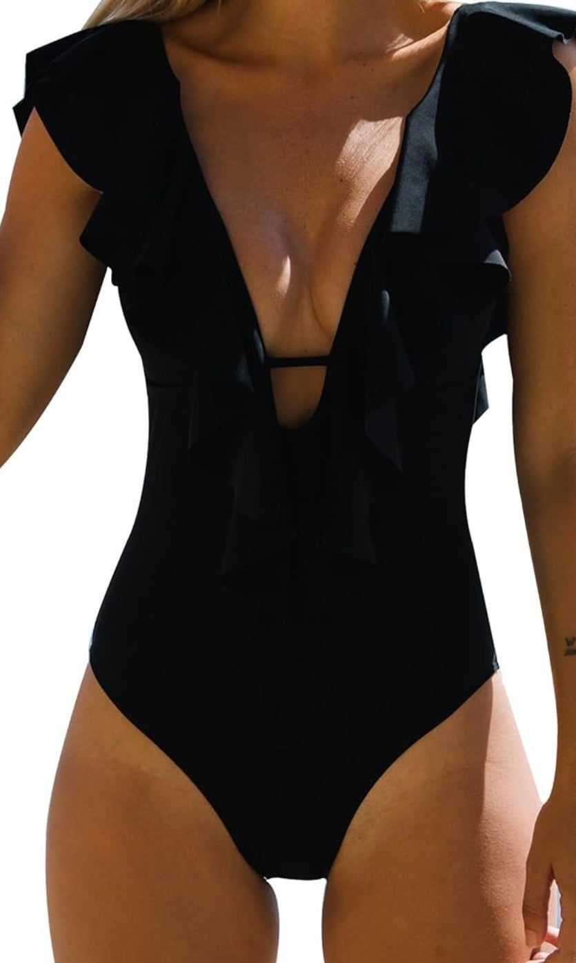 V Neck Ruffled One Piece