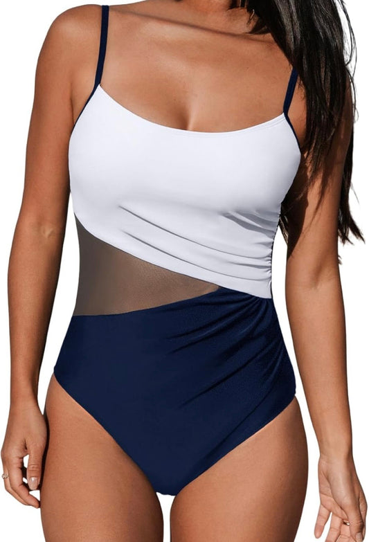 Two Tone Mesh One Piece Swimsuit