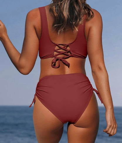 High Waisted Twist Front Bikini Swimsuit