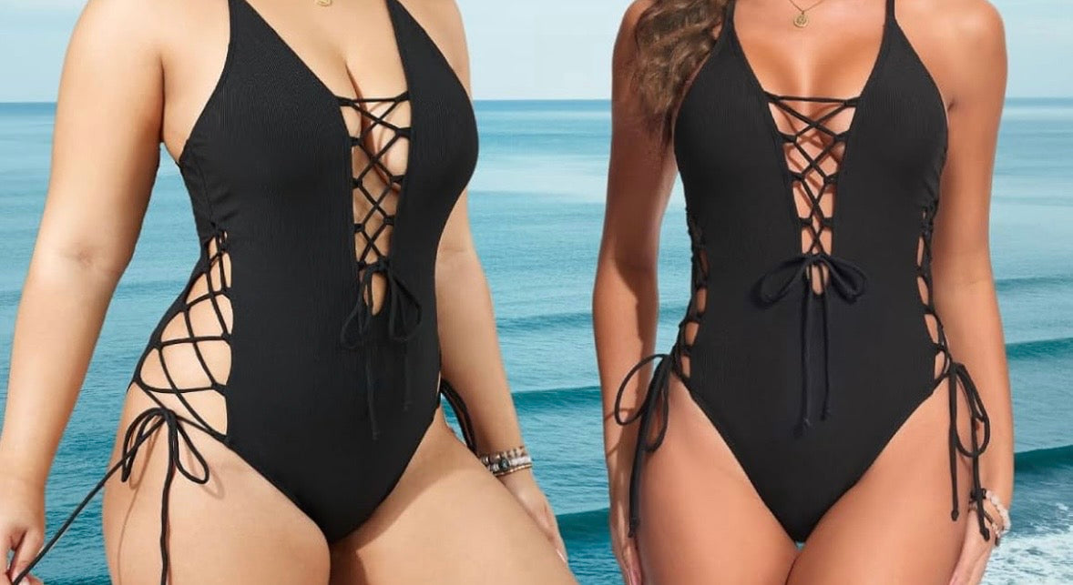 Lace Up V Neck Swimsuit