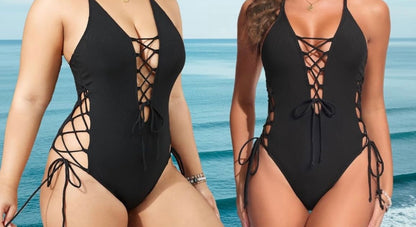 Lace Up V Neck Swimsuit
